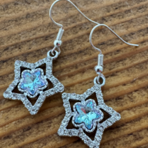 Crystal Star Drop Earrings with a centre flower