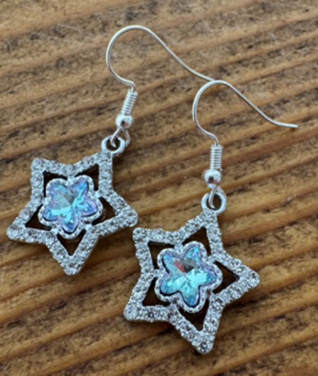 Crystal Star Drop Earrings with a centre flower