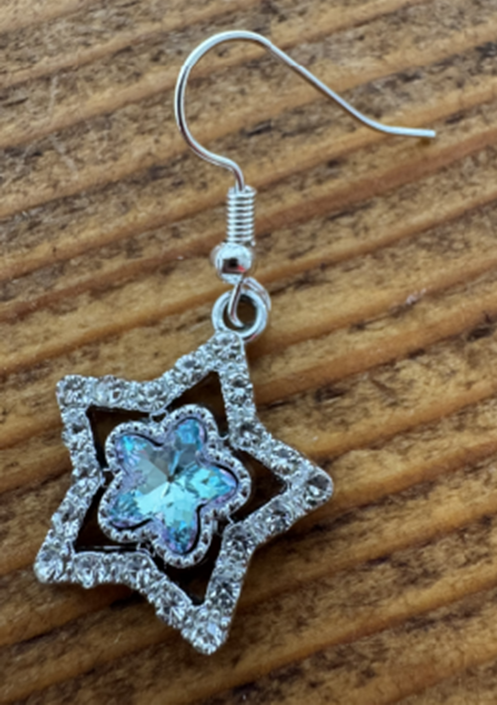 Crystal Star Drop Earrings with a centre flower - Image 2